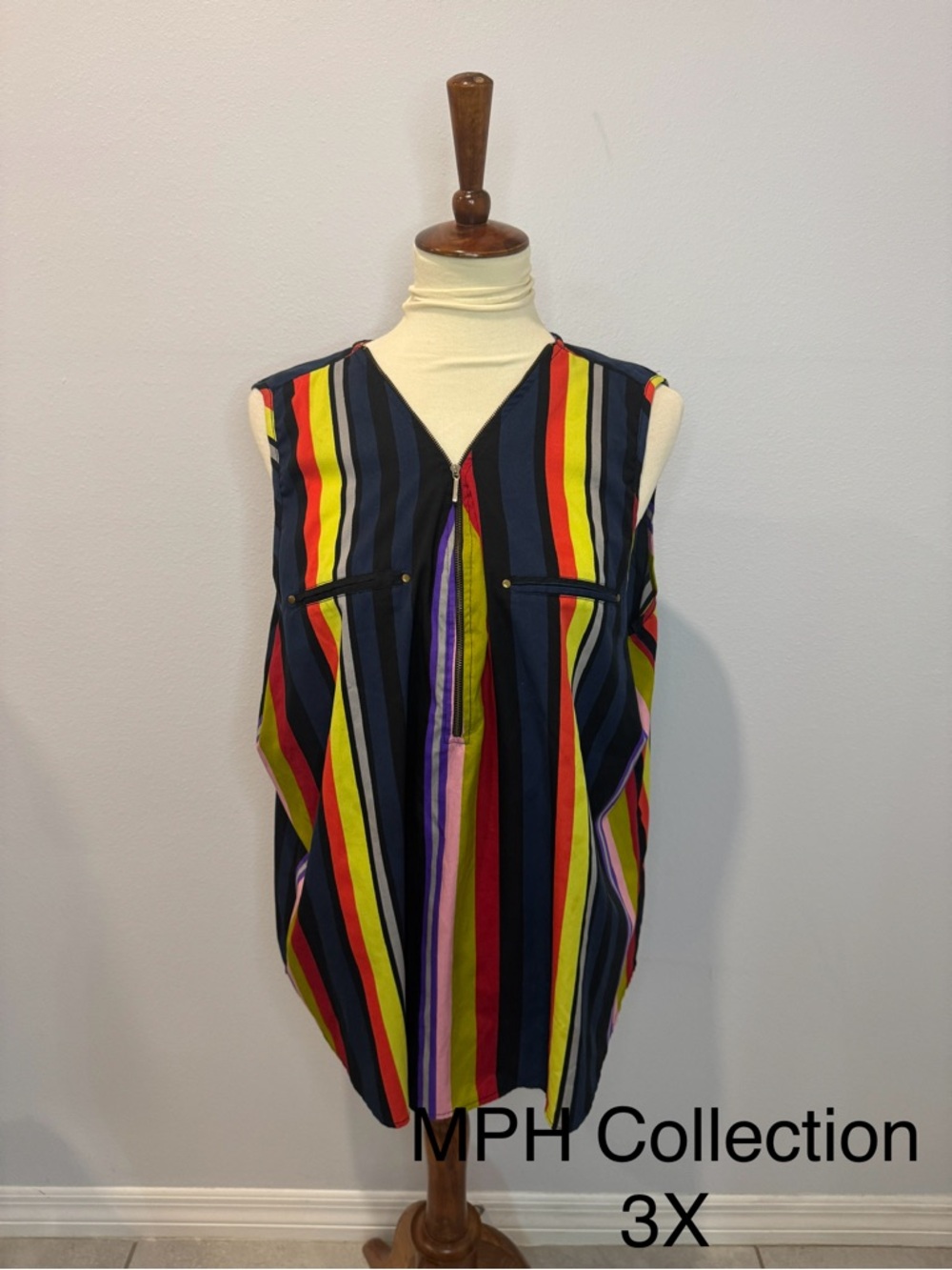 MPH Collection Plus Size Multicolor Striped Sleeveless Zip-Front Top - Navy Base